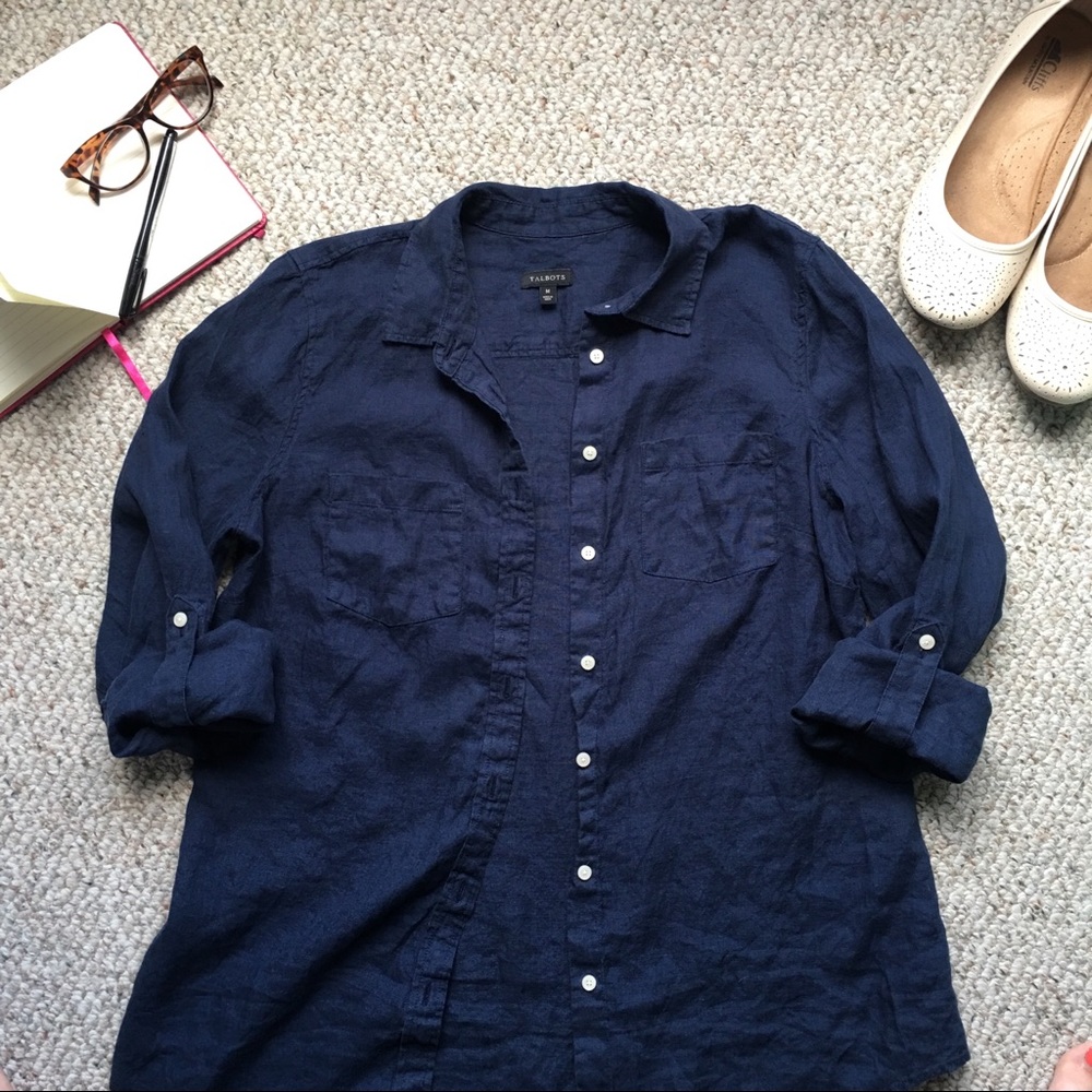 Talbots | Navy Blue Linen Button Up | Medium